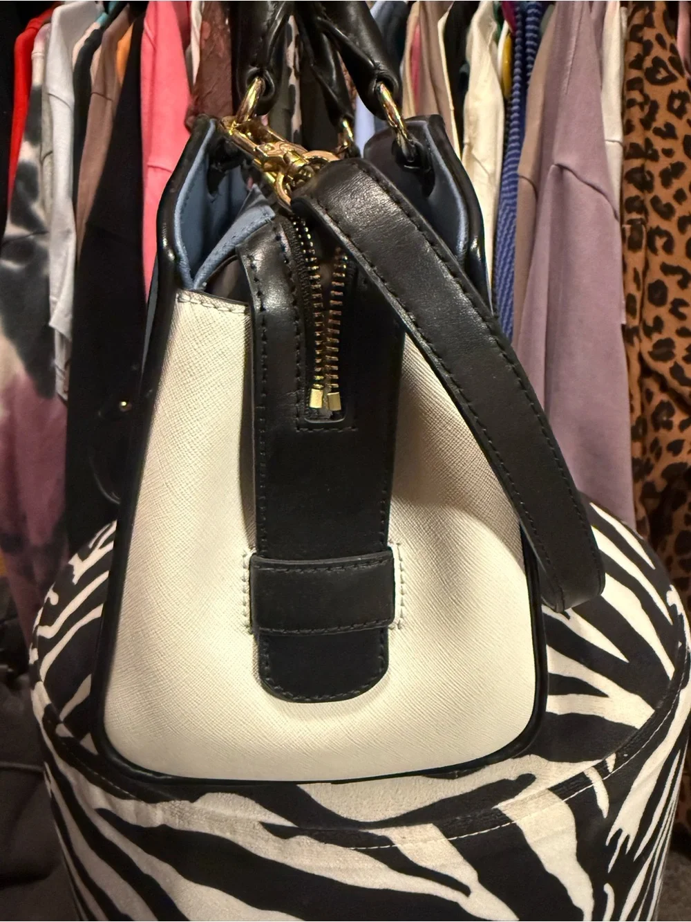 Michael Kors Light Blue and Black Dome Satchel with Gold Hardware